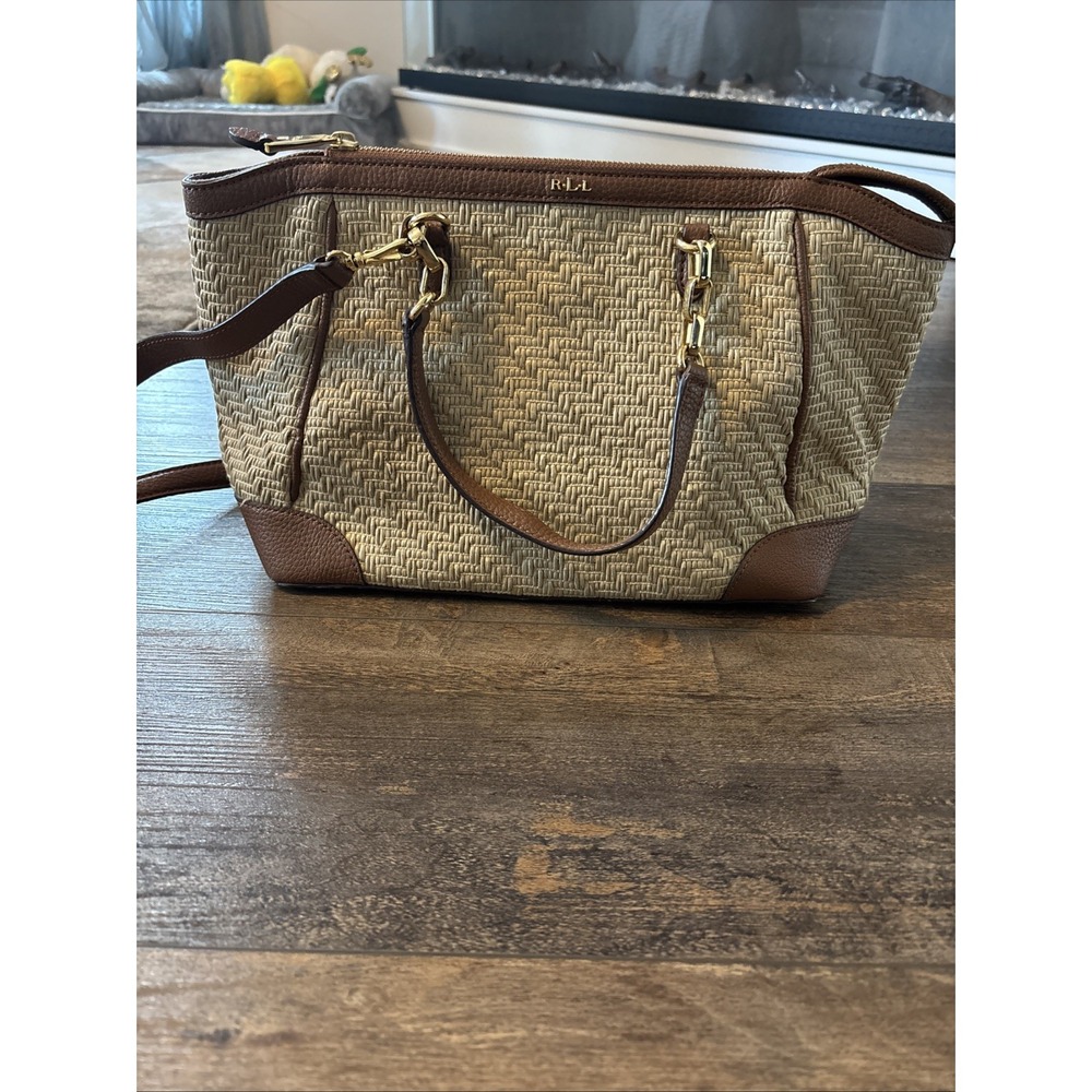 Lauren Ralph Lauren Straw Tote Bag Purse Leather Resort Vacation Classic